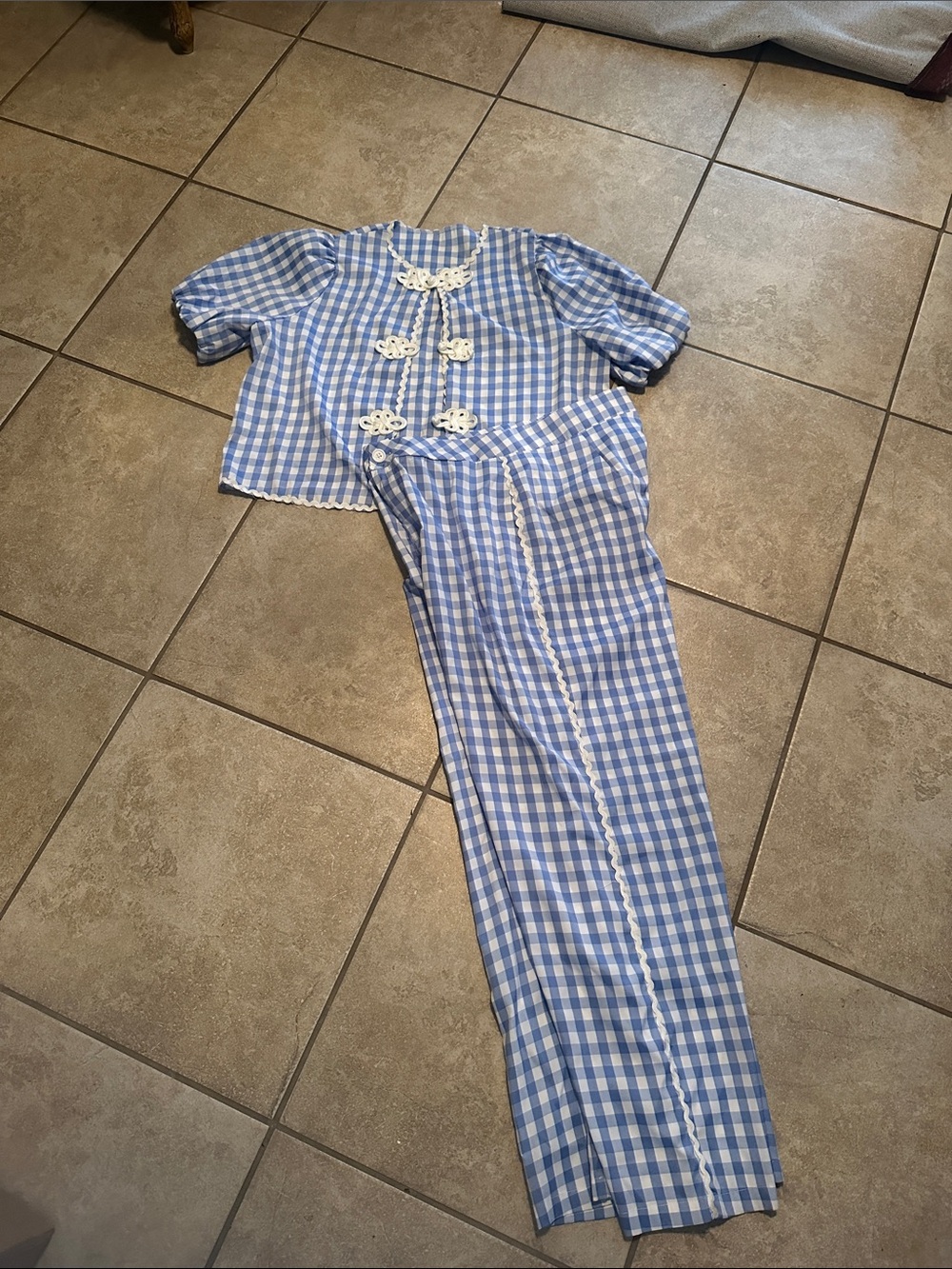 Shein Light Blue Gingham women Pant  Set with Rick Rack Trim